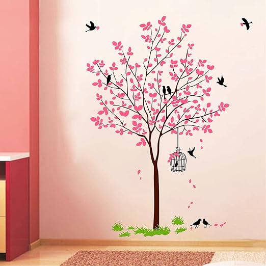 Decal O Decal PVC Vinyl Tree with Birds and Nest Botanical Wall Stickers (Pink, 120X90cm), Self-Adhesive