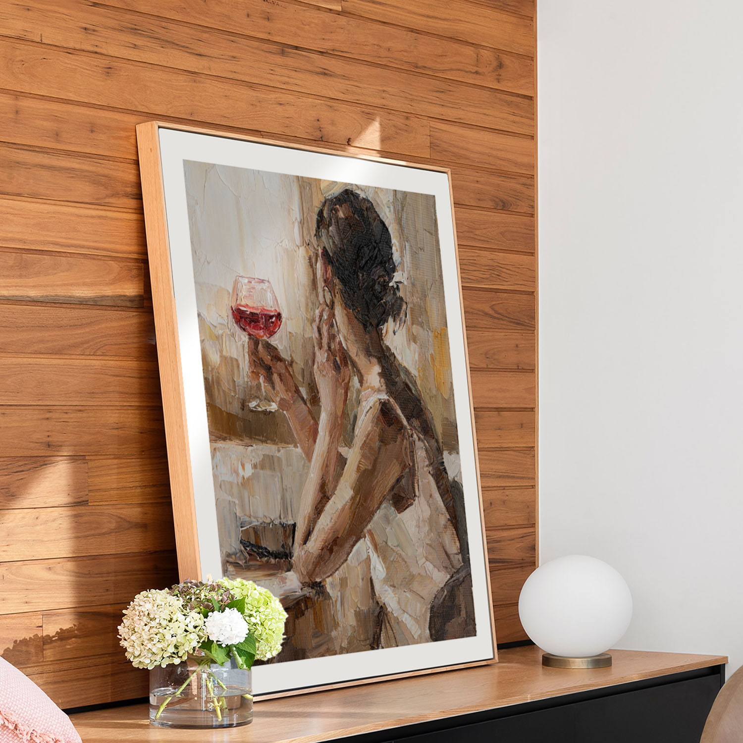 Pale flourish woman with wine painting