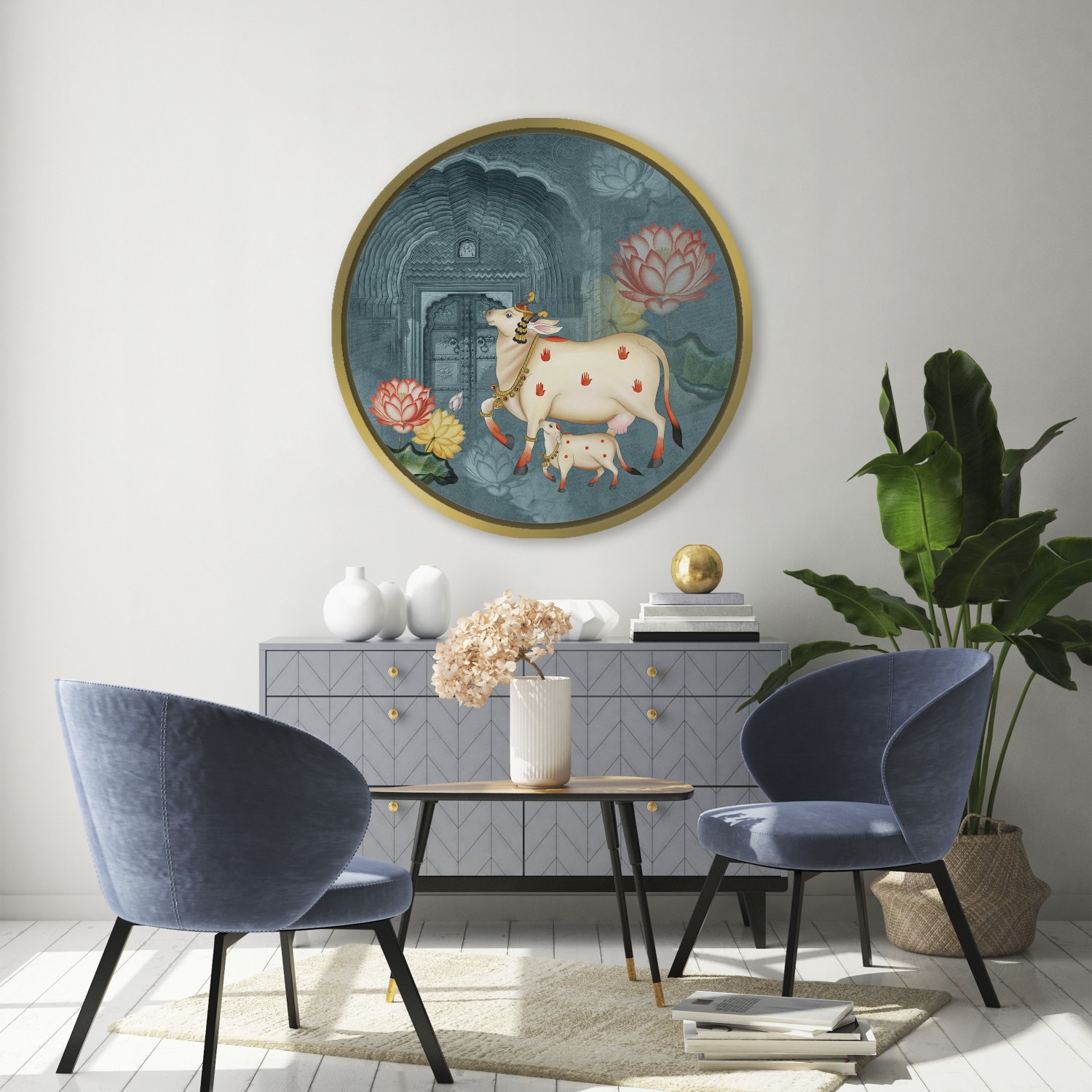 Cow pichwai painting – Circular Wooden Frame