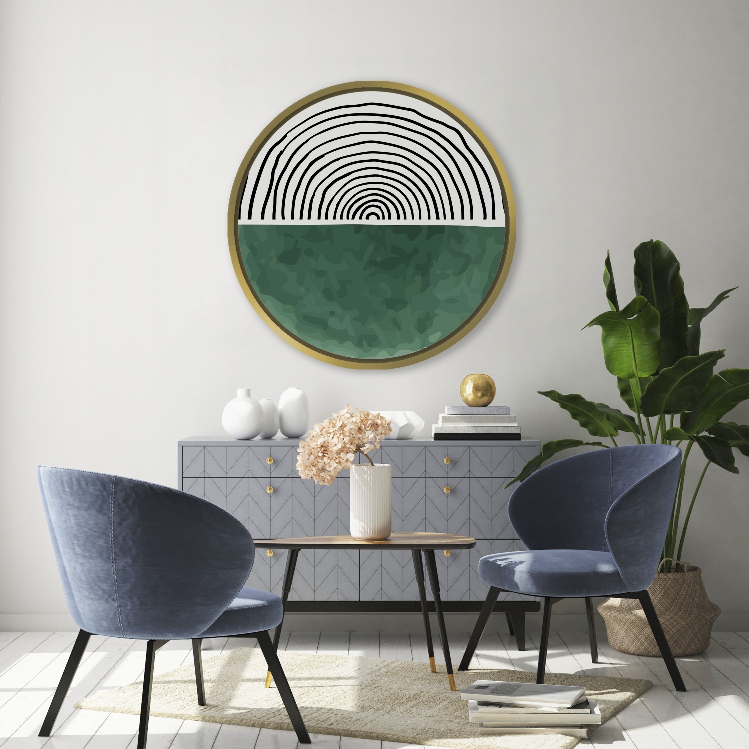 Trendy terracotta sea green grunge abstract – Circular Wooden Frame