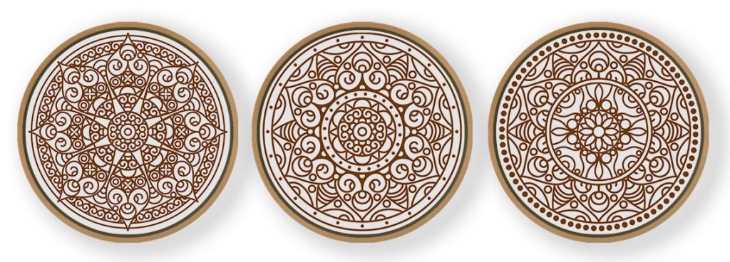 Set of 3 Indian Mandala Outline - Circular Wooden Frames