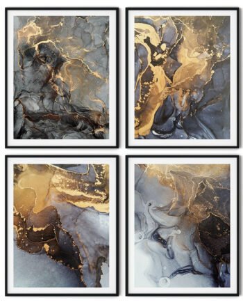 Set of 4 fluid ink golden abstract painting