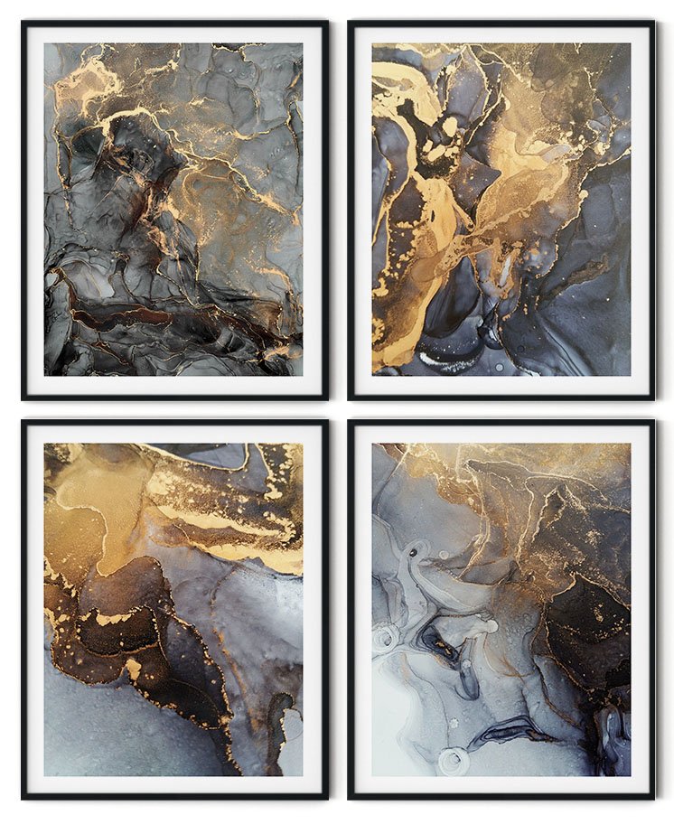 Set of 4 fluid ink golden abstract painting