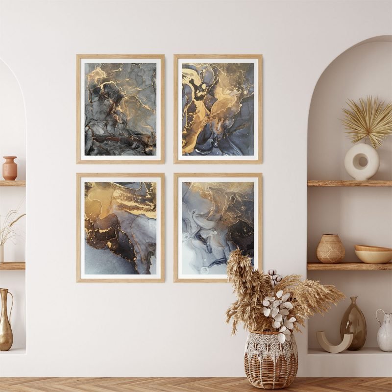 Set of 4 fluid ink golden abstract painting - Image 4