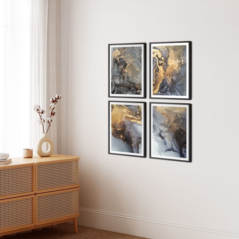 Set of 4 fluid ink golden abstract painting - Image 3