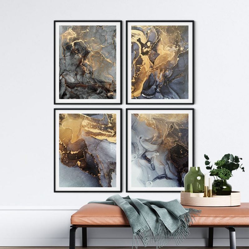 Set of 4 fluid ink golden abstract painting - Image 2