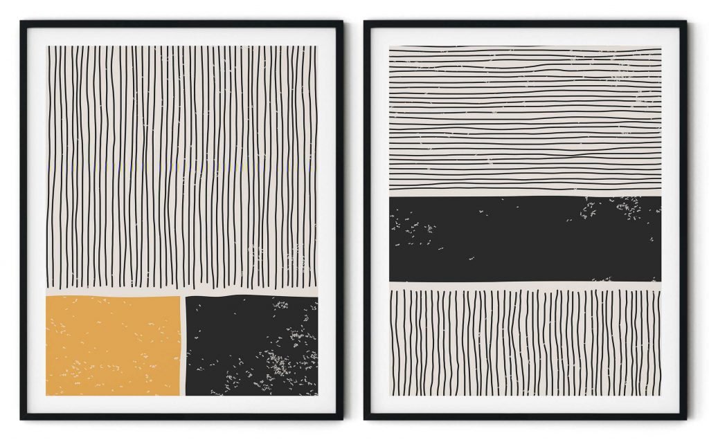 Set of 2 black yellow trendy line abstract