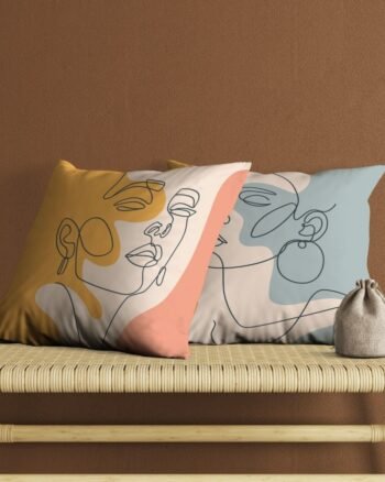 Set of 2 bohemian line drawing abstract woman faces cushion cover