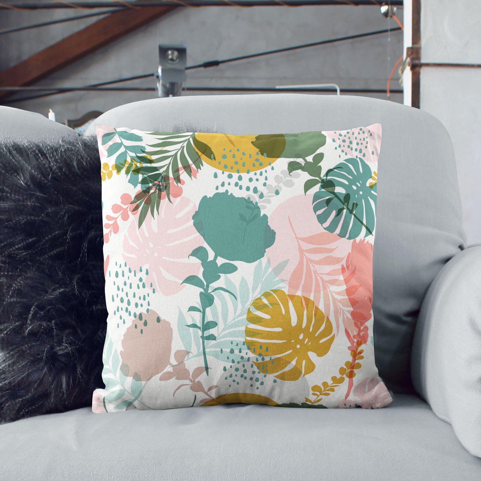 Monstera and Roses print cushion cover